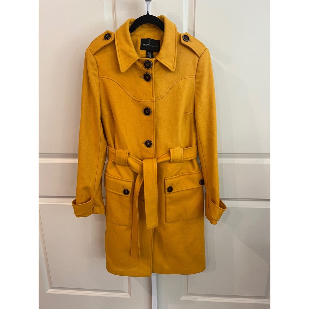 Moda International Mustard Yellow Wool Blend Belted Trench Coat Womens Sz 10 - Picture 2 of 9